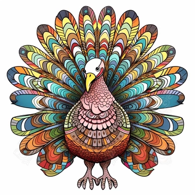 Thanksgiving turkey clipart, centered, white background, image only style by Lucy Fleming, watercolor, smooth gradients, black contour outline, ultra detailed, clipart elements, delicate pastel colors, solid white background, super clear, high quality
