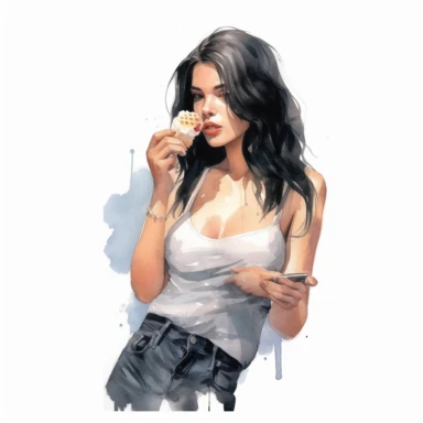 isolated stunning black haired model licks ice cream in a wafer, detailed watercolor clipart, white background