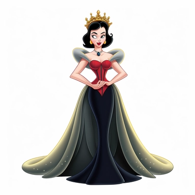 FULL-BODY PERSPECTIVE OF A 2D DISNEY CLIPART ILLUSTRATION OF A BEAUTIFUL AND BENEVOLENT QUEEN, WHITE BACKGROUND, STYLE OF DISNEY'S 1937 MOVIE SNOW WHITE, WHITE BACKGROUND