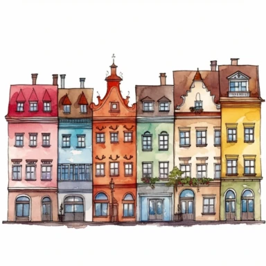 Very cute and Whimsical row houses in Prague, in Old Town Square, colorful, Watercolored illustration in the style of Michael Powell, clipart, white background for removing background - - no text shadow font watermark