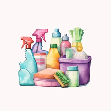 individual products, housekeeping cleaning items, clipart, cartoon, hyperealistic, kawaii, watercolor, clean white background