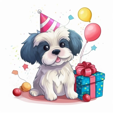 clipart of a cute havanese puppy wearing birthday hat, include balloons, presents, kawaii style illustration, white background
