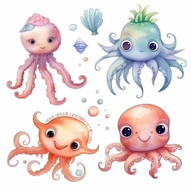soft pastel style of adorable sea creatures, octupus, sea horse, turtle for clipart on a white background