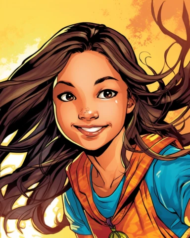 Blend of comic book art and lineart in full natural colors. A full-body portrait shot of a bright and energetic 10-year-old Irish Italian Indian girl. She has long, flowing brown hair with a few braids or colorful hair clips that add a playful touch. Her eyes are wide and curious, reflecting her youthful innocence and curiosity. She dresses in comfortable and age-appropriate clothing, such as jeans or leggings paired with colorful tops or t-shirts. She often wears sneakers or cute ballet flats t