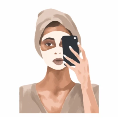a watercolor sticker of a woman taking a selfie with face mask and towel on her hair. Clipart. Neutral beige faded color palette. White background. Artistic illustration. Minimal. Hand-drawn.