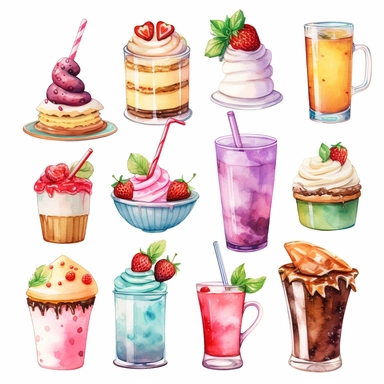 high detail watercoloraqua clipart white background different cafe drinks, treats, cakes and snacks