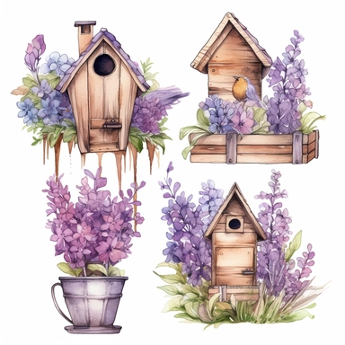a set of unique EFFERVESCENT watercolor-style clip art images of lavender flowers in different stages of blooming growing around a birdhouse with lavender flowers, gardening tools with intricate designs, the setting must be a floral wonderland with a feminine spring-colored theme, romance, and whimsy or pastel, Perfect for mothers Day, a secret garden theme, including garden decorations with elements such as fantasy, fantasy-inspired floral patterns, The overall mood of the images should be a fa