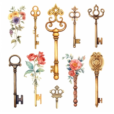 assorted gold keys inspired by Alice in wonderland watercolor illustration, design elements isolated on white background, vintage clip art - Image #4 <@1098423716465102849>