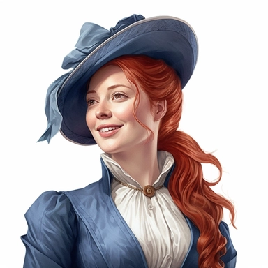 beautiful victorian lady with red hair and freckles, looking left, victorian hairstyle, victorian hat, Victorian era clothing, beatiful smile, realistic inverted portrait white background, high quality, hyper-realistic, Victorian Lady Clipart,blue dress