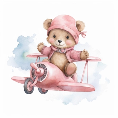 watercolor baby bear in cute pink clothes flying with plane clipart with white background