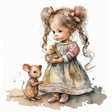 clipart watercolor realistic cute little mouse is playing with dolls and is dressed like a girl