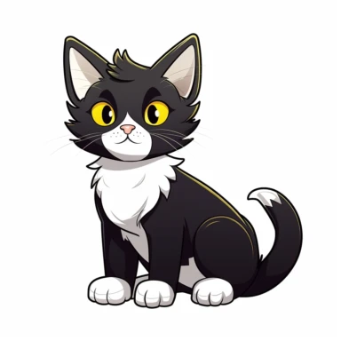 cute cartoon cat, black and white cat,smooth fur, black face with a little bit white by mouth, white paws, black legs, yellow eyes, full body sitting, white background, clip art, vector graphic