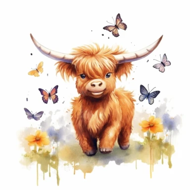 Illustrate a delightful watercolor clipart of a baby Highland cow with butterflies dancing around, crafted in a nursery kids' style, with ultra HD image quality to bring out the whimsy and joy