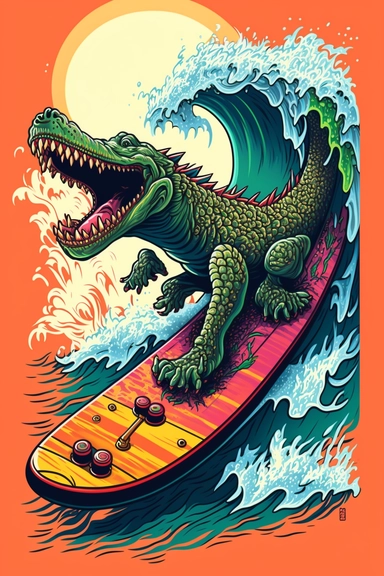 a painting of a cartoon alligator riding kanagawa wave on a longboard surfboard, behance contest winner, psychedelic art, paisley, beautiful waves in sea, james jean and clyde caldwell, clipart, hi - fructose art magazine, katherine lam, artgram, marc newsom, sovietwave,