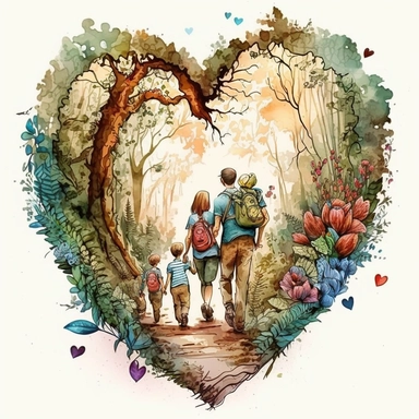 a cute loving American family hiking in a magical deep forest (a perfect close-up single-point-perspective view from the back) with its own habitats (flowers and plants) made into a heart-shape, vintage in watercolor style clipart, use darker tones, higher saturation colors, Banksy artstyle with minimal effects, super creative watercolor, white background