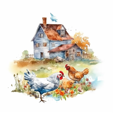 watercolor farm house clipart with meadow and some animals, white background, no comment, 8k