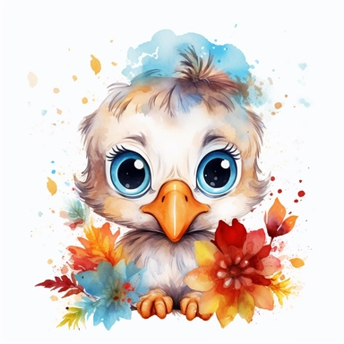 cute baby turkey clipart with big cute eyes painted in watercolour style, splashes, floral elements, white background