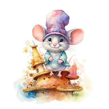 Whimsical Wonderland, clipart, cute mouse character, vibrant colours,Watercolor, Detailed, sweet, majestic, high resolition, isolated on a white background