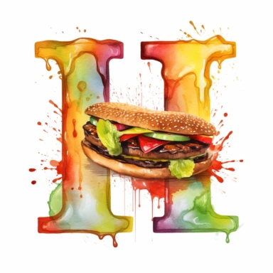 Clipart, Watercolor letter h with hamburger around it and dripping sauce