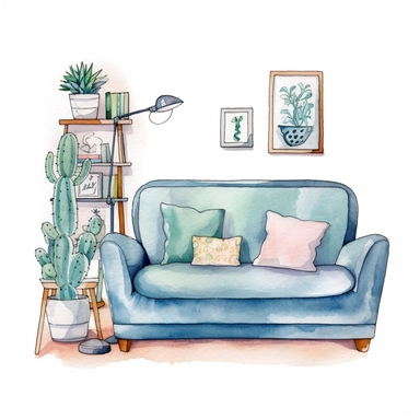 clipart furniture watercolor flat color simple lines cute cartoon white background , 8k,---q 3