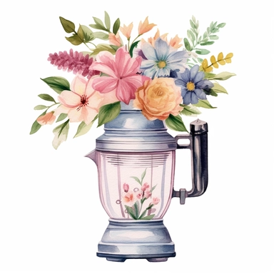 Vintage blender, vintage, flowers, watercolor, retro, clipart, white background