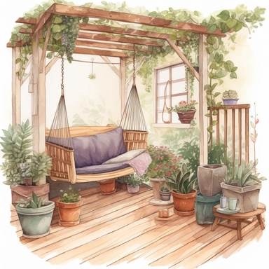 watercolor, hyper realistic, white background, white margins, 16k, ultra detailed clipart, cut out image, hand-drawn, whimsical manhwa style ultra HD A cozy terrace with a wooden swing, adorned with soft cushions and a warm blanket in shades of beige and brown. A variety of potted plants in muted shades of green and purple surround the area.