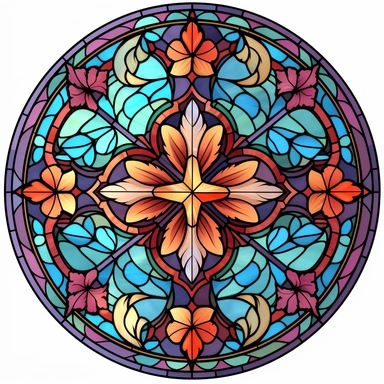 Stained Glass Cross with flowers in the shape of a circle PNG Clipart
