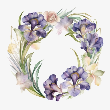 watercolor Irises wreath on white background, in the style of muted and subtle tones, intricate floral arrangements, uhd image, subtle realism, asymmetrical framing, fawncore, wedding clipart, floral accents, no background
