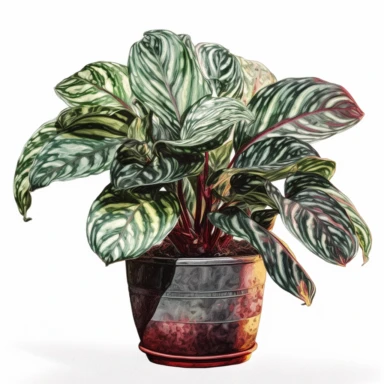 Calathea (Prayer Plant) in pot, potted plant, watercolor style, Clipart, white background, no text, no watermark, watercolor clipart, sunlight, realistic, epic detail, high resulation