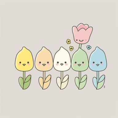 cute clipart of tulip flower, rounded, white background, kawaii anime style, pastel color blending, funny, elements isolated,