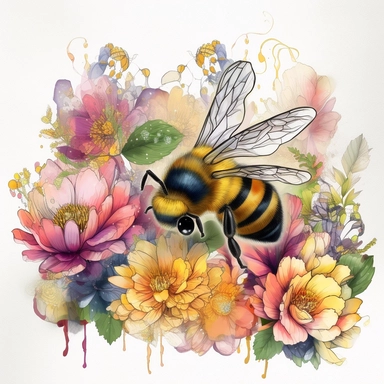 An exquisite honey bee clipart surrounded by a vibrant bouquet of flowers, with no background to distract from the natural beauty. The bee delicately perched on a blooming flower, its fuzzy body contrasting against the petals, while its translucent wings add a touch of ethereal grace. This clipart provides a perfect blend of nature's wonders