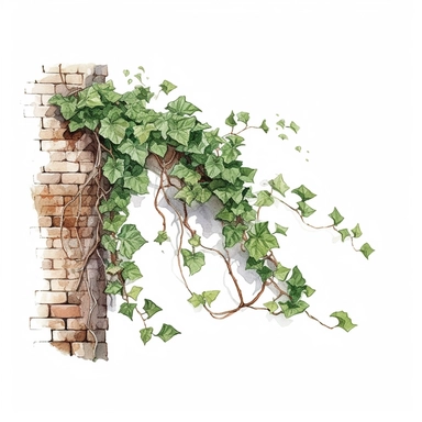 watercolor, hyper realistic, white background, white margins, 16k, ultra detailed clipart, cut out image, hand-drawn, whimsical manhwa style, ultra HD, sharp and clean art a graceful ivy vine climbing up the side of a brick wall, with rich green leaves and tendrils curling around the edges
