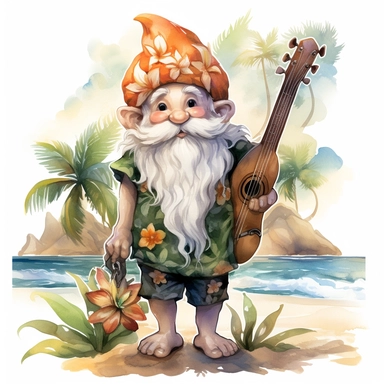gnome surfer in Hawaii beach outfit, vibrant color, clipart, watercolor illustration, white background