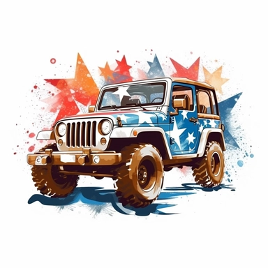 Military jeep equipped for USA independence day, painted in flag colors, Pixar style, vibrant colors, clipart with white background, - - v 5