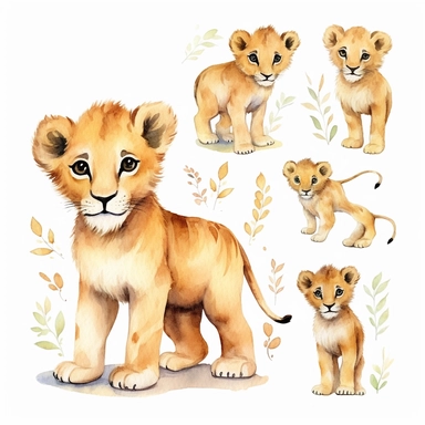 A charming watercolor lion clipart bundle, the side view of a baby lion walking with grace and elegance. showcasing an adorable lion cub engrossed in playful activities. Against a clean white background, the watercolor painting depicts the cub's unbridled enjoyment and sense of fun. This cute baby animal clipart bundle infuses designs with a lively and joyful atmosphere, creating a delightful and engaging visual experience. /artistic_style:Watercolor painting /background:white /subject:playful c
