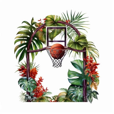 high quality watercolor clipart of a realistic basketball hoop with some greenery around, white background, seperated, vector design, hd