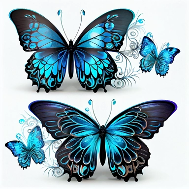 aqua and blue butterflies, with a medium filigree pattern on their wings in delicate black lines. long, silky, flowing, extra lower wings with an iridescent sparkle look, white background, clipart