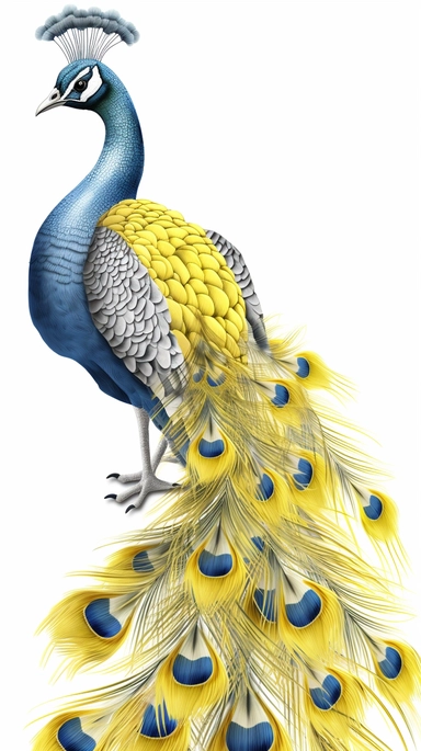 A stunning rendition of Canary yellow, Slate gray, Denim blue peacock made of intricate details, hyperrealistic, whimsical, octane render, very colorful, vibrant, cinematic, ornate, watercolor style clipart