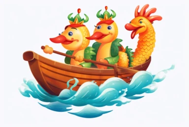 chinese new year ducks clipart, duck, dragon, boat, png, editable, h, in the style of colorful caricature, uhd image, mural painting, carving