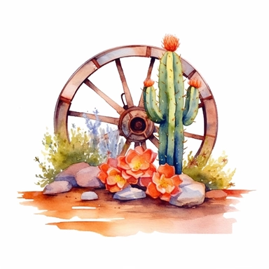 Develop a striking watercolor clipart illustration on a white isolated background vector, featuring a beautifully painted wagon wheel adorned with colorful flowers, with a pair of elegant cowboy boots resting against it and a horseshoe and cactus completing the Western scene. Emulate the artistic style of Frank Eber, a renowned watercolor artist known for his masterful handling of light and atmosphere, to create a composition that captures the essence of the desert landscape and the delicate bea