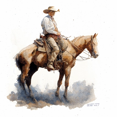 Norman Rockwell watercolour and pencil full body drawing of a cowboy on his horse, working hard, tough face, dynamic pose, beautiful watercolor ink wash coloring, thick pencil lines, watercolor illustrations clipart, watercolor illlustrations, plain white background