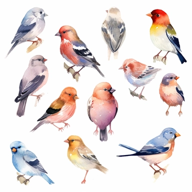 A charming watercolor clipart illustration of Finches, portrayed against a pristine white background. The artwork captures the beauty and diversity of these small songbirds, with their delicate bodies and colorful plumage. The watercolor technique adds a soft and whimsical touch to the illustration, with gentle brushstrokes that bring the birds to life. Each Finch is depicted with its unique combination of vibrant colors, showcasing the range of hues from yellows and oranges to greens and blues.