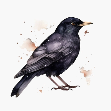 Watercolor blackbird clipart, white isolated background, space out, hd