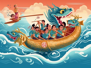 new year dragon boat traditional clip art, in the style of narrative-driven visual storytelling, quito school, illustrated advertisements, creative commons attribution, digitally enhanced, storybook illustration, 2d game art