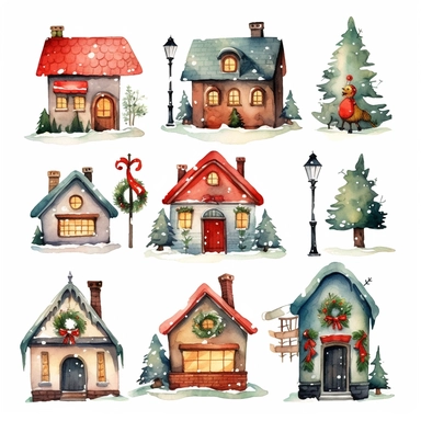 Watercolour cartoon style christmas clipart variations, simple, vector, 8k