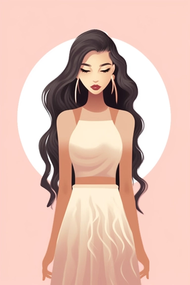 Mary Blair style, minimalistic nordic style single clipart, single fashion model with long dark wavy hair, view from behind, beautiful dress, minimalistic pastel pink color palette, white background