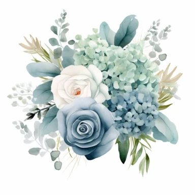Shimmering silver and soft dusty blue flower bouquet, Dusty blue hydrangeas, silver brunia berries, silver-toned dusty miller leaves, and roses, with ombre sage green leaves, watercolor, uplighted, white background, 300 dpi, suitable for a clipart, no frame, no mock up