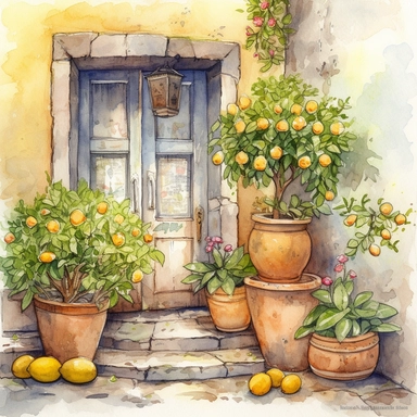 Create a beautiful watercolor clipart vignette of a rustic Mediterannean cobblestone courtyard with a collection of potted green plants and potted lemon tree against a painted white rustic cottage door. The composition should be set against an isolated white background, with a bright and airy feel. Focus on capturing intricate details such as the delicate petals of the roses. Use a loose and fluid watercolor technique to create a sense of movement and lightness. Experiment with the use of negati