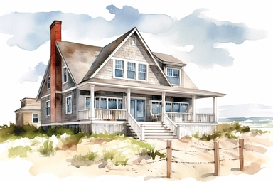 A watercolor clipart on isloated white background in the style of Bob Byrlwy of charming Nantucket beach houses nestled among the dunes of a sandy shore, A set of Adirondack chairs out front. The house should have a classic beachy design, with shingles or clapboard siding, plenty of windows to let in the ocean breeze, and perhaps a wraparound porch. The scene should be set on a sunny day, with blue skies overhead and the sound of waves crashing in the distance. The beach house should be surround