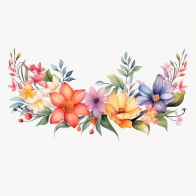 watercolor, Horizontal white banner or floral backdrop decorated with gorgeous multicolored blooming flowers and leaves border. Spring botanical png Full body realistic cartoon in 32K UHD cute. 15 cm thick outline. Black color. There was no shadow on the ground. 8k with realistic watercolors and detailed illustrations. PNG clipart, transparent white background